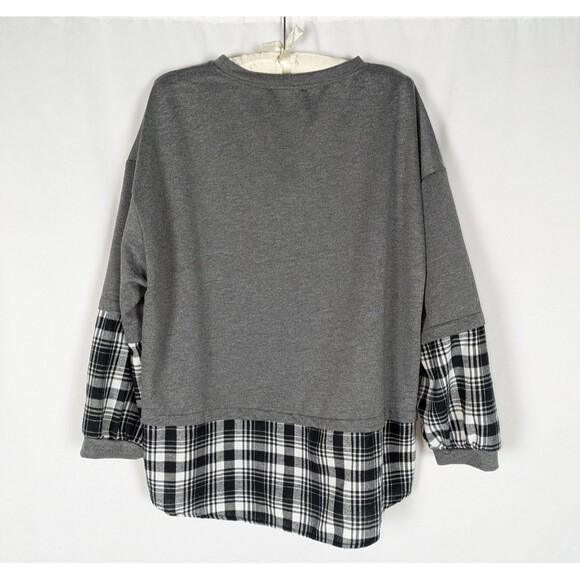 Bloomchic Sweatshirt 14 16 Women's Gray Plaid Patchwork Round Neck Arc Hem - Picture 4 of 6